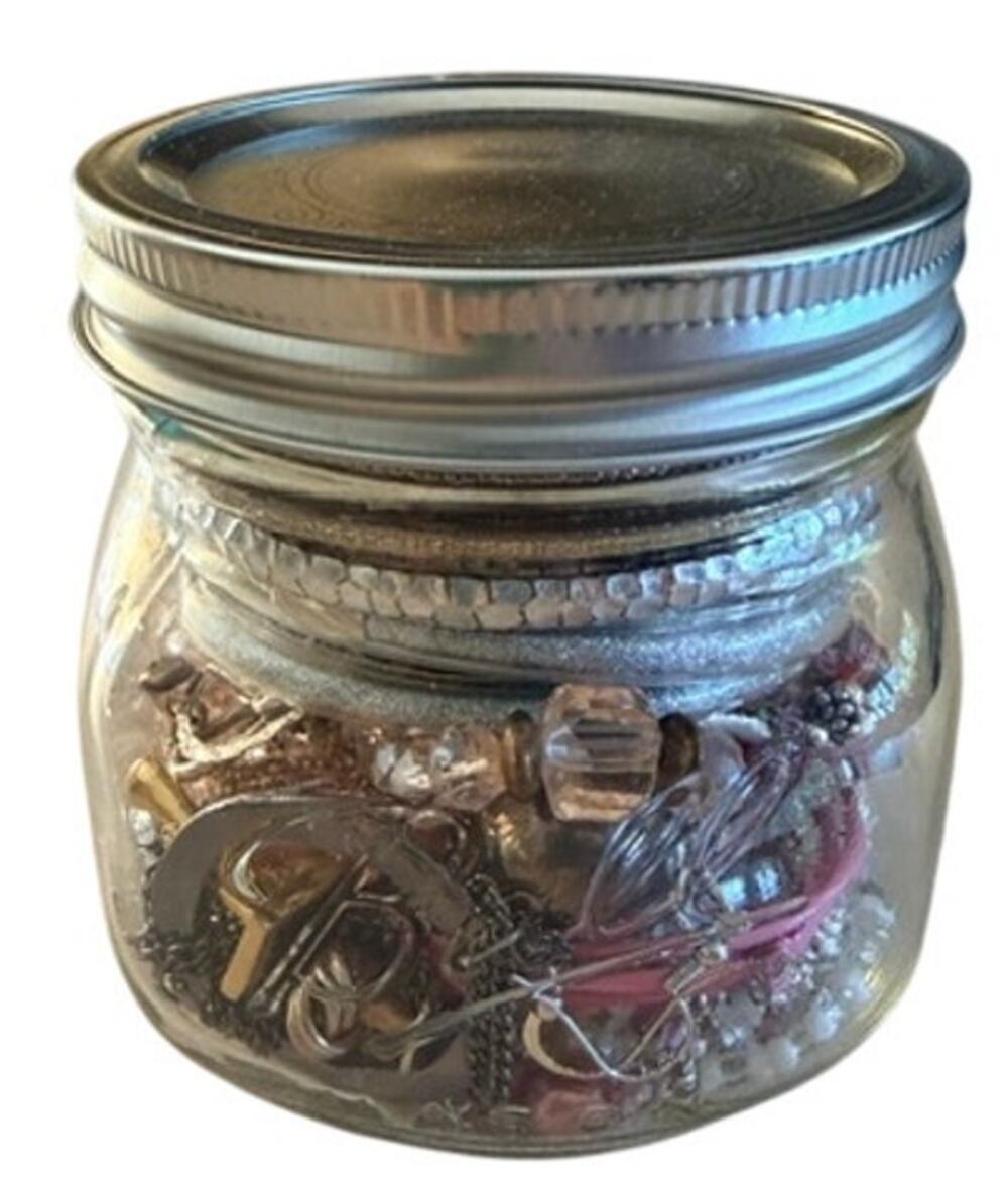 Pretty in Pink Mystery Jewelry Jar Mixed Costume Jewelry Lot Ball Jar
